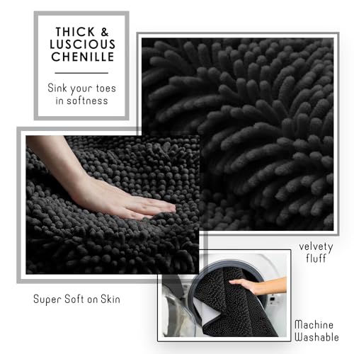 Hearth & Harbor Bathroom Rugs, Chenille Bath Mat - Machine Washable Bath Mats for Bathroom Non-Slip Backing Rubber, Quick Dry Bathroom Mat - color: Black, style: 17 x 24