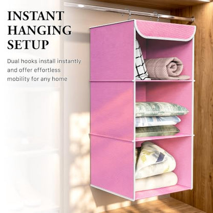 Simple Houseware 3-Shelf Hanging Closet Organizer, Fabric Storage Shelves with 57L Capacity, Pink - color: Pink