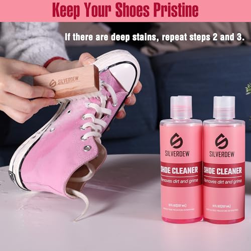 4PCS Shoe Cleaning Kit, Shoe Cleaner 8oz *2 Bottles, Sneaker Cleaner, Nylon Brushes & Microfiber Towel for Leather, Canvas, Mesh, Rubber & Synthetic Materials, Pink