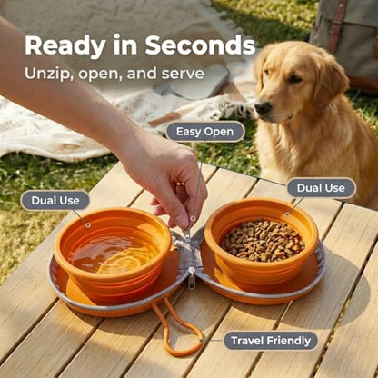 Collapsible Dual Pet Travel Bowls with Zipper Case, Portable Silicone Food and Water Set for Dogs and Cats, Hanging Loop for Walks, Hiking, Camping, Road Trips