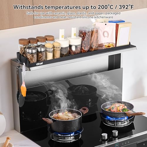 OTraki Magnetic Stove Top Shelf Spice Rack for Stove Adjustable 16-32 inch Stainless Steel Over the Stove Shelf Magnetic Rack Seasoning Organizer with 4 Hook Black