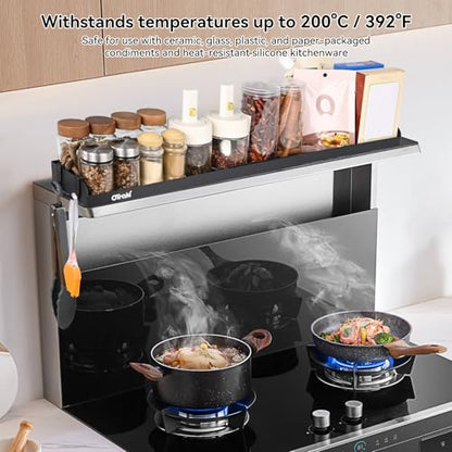 OTraki Magnetic Stove Top Shelf Spice Rack for Stove Adjustable 16-32 inch Stainless Steel Over the Stove Shelf Magnetic Rack Seasoning Organizer with 4 Hook Black