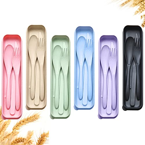 YDYTOP Reusable Travel Utensils Set with Case, 6 Sets Wheat Straw Portable Knife Fork Spoons Cutlery, Eco-Friendly BPA Free Plastic Tableware for Kids Adults School Lunch Party Picnic and Camping - color: 6 Sets -Pink, Nordic Green, Nordic Blue, Nordic Be