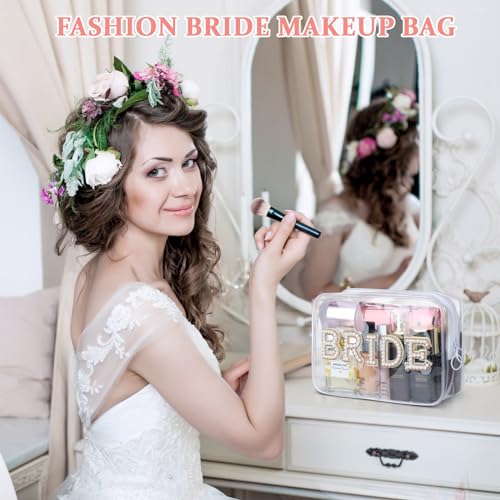 Etercycle Bride Clear Makeup Bag, Bridal Shower Gifts Engagement Cosmetic Bag, Bling Pearl Rhinestone Letter Patches Waterproof PVC Travel Organizer for Women Wedding Bachelorette Party (Gold) - color: Gold, style: Bride
