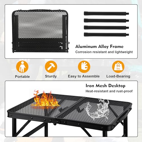 GREGIN Camping Table with Mesh Desktop, Lightweight & Portable Small Folding Grill Table, Height Adjustable Metal Outdoor Table for Camp, Cooking, BBQ, RV, Picnic-2 FT Black - size: S: 23.62"L x 15.75"W x 10.6"H/22"H