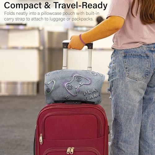 NAPRO Kids 3-in-1 Travel Blanket and Pillow Combo, Convertible Infinity Scarf, Lightweight Neck Support for Airplane, Car & Camping, Glow-in-the-Dark - Gamer - color: Gamer