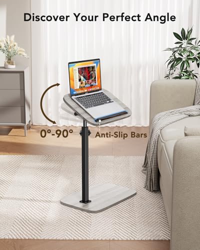 HUANUO TV Tray Table，Adjustable Height TV Tray with 360° Swivel & 90° Tilt, Sturdy Side Table with Anti-Slip Bar for Laptop, Eating, Space-Saving Side Table for Couch, Bedside, Living Room - color: Grey