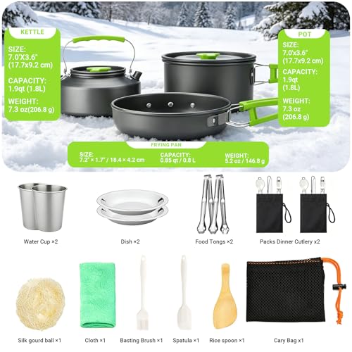 Vinid 20pcs Camping Cookware Mess Kit, Non-Stick Lightweight Pots Set with Stainless Steel Cups Plates Forks Knives Spoons, Portable Outdoor Cookware for Camping Backpacking Hiking and Picnic