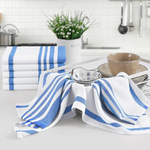Homaxy Premium Kitchen Towels 18”x 28”, Large Cotton 380 GSM Kitchen Hand Towels, Stripe and Terry Dish Towel, Highly Absorbent Tea Towel Set with Hanging Loop, 8 Pack, Blueberry - color: Blueberry Stripe, style: 8-pack