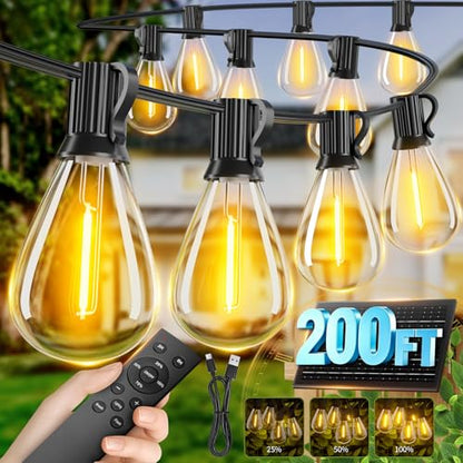 200FT Solar String Lights Outdoor Waterproof, 72+2 LED Solar Powered Lights with Remote Control, 3 Light Modes & Dimmable, USB-C Charging for Patio, Backyard, Garden, Camping - size: 200FT+Remote