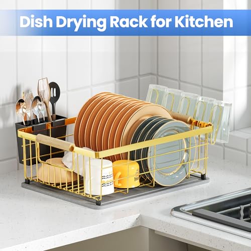 Dish Drying Rack Gold with Diatomaceous Earth 1 Tier,Multifunctional Dish Racks for Kitchen Counter Quick-Drying,Large Capacity Space Saving with Cutlery Cups Holder - color: Gold, size: 1 Tier