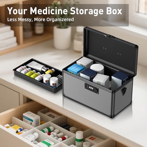 Medicine Lock Box with Code, Locking Medicine Box with Removable Tray & Pocket Bag, Portable First Aid Box for Home, 16 * 9.25 * 7.5 Inch (Black, X-Large-16inch) - size: X-Large-16inch