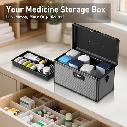 Medicine Lock Box with Code, Locking Medicine Box with Removable Tray & Pocket Bag, Portable First Aid Box for Home&Travel, 14 * 8.85 * 7.5 Inch (Black) - size: Large-14inch