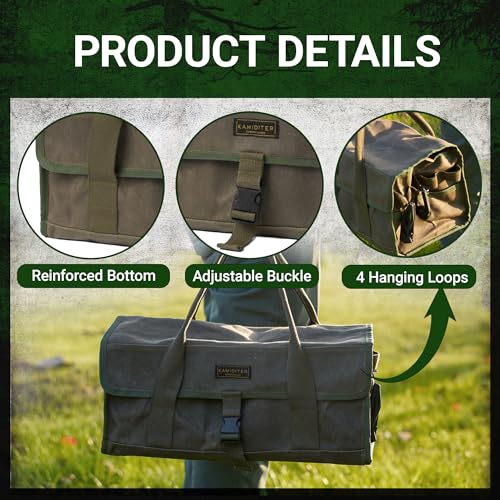 Camping Gear Bag, Camp Kitchen Organizer Buckle-closure Outdoor Cookware Tool Bag with 4 Hanging Holes & Dedicated Tent Stake Compartment, BBQ Accessories Soft Case Container, Army Green - color: Army Green