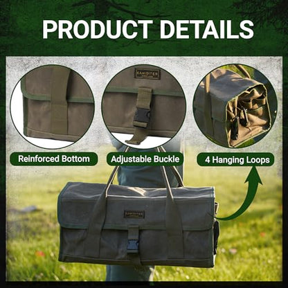 Camping Gear Bag, Camp Kitchen Organizer Buckle-closure Outdoor Cookware Tool Bag with 4 Hanging Holes & Dedicated Tent Stake Compartment, BBQ Accessories Soft Case Container, Army Green - color: Army Green