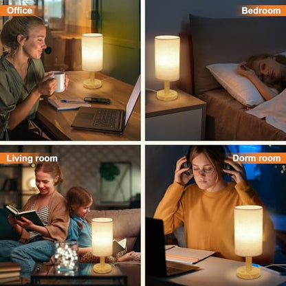 Small Touch Table Lamp with Stepless Dimming&USB Plug,Natural Round Wood Base&Linen Fabric Shade |Soft Ambient Warm Night Light|Minimalist Boho Bedside Lamp for Bedroom,Nightstand,Nursery,Kitchen,Dorm - size: Round - USB Plug Touch - Set of 1