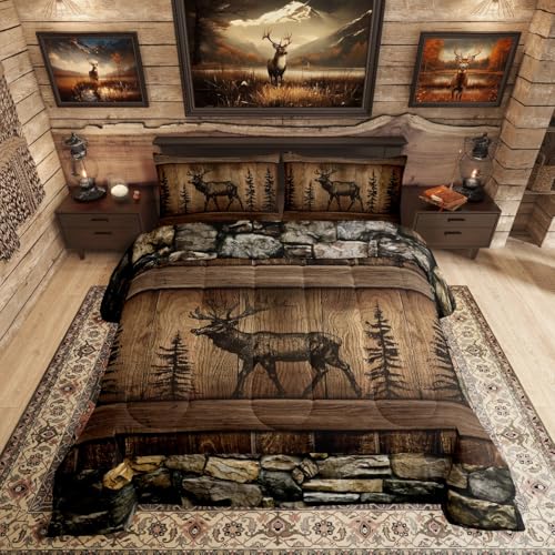 Erosebridal Deer Moose Comforter Set Twin Rustic Cabin Lodge Bedding Comforter Sets for Kids Boys Adults Men Woodland Hunting Wildlife Animal Bedding Set Country Farmhouse Quilt Duvet Brown - color: Black Brown, size: Twin