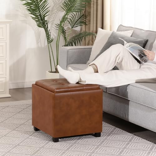 Adeco 17 inch Square Storage Ottoman with Reversible Tray Top, Cognac Brown Faux Leather Footrest Stool & Coffee Table for Living Room, Bedroom - color: Cognac Brown Leather – Upgraded Version