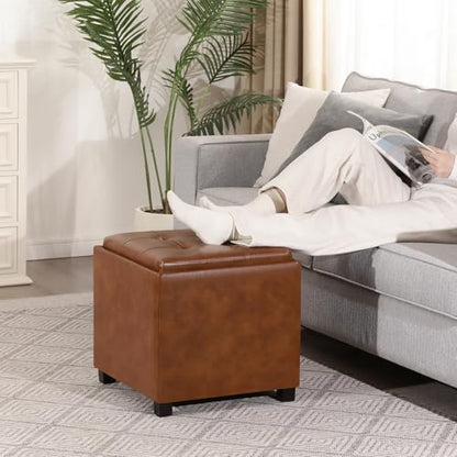 Adeco 17 inch Square Storage Ottoman with Reversible Tray Top, Cognac Brown Faux Leather Footrest Stool & Coffee Table for Living Room, Bedroom - color: Cognac Brown Leather – Upgraded Version
