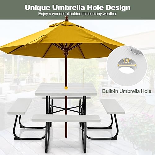 Tangkula 8 Person Picnic Table, Outdoor Square Picnic Table with 4 Built-in Benches, Umbrella Hole, Metal Frame & HDPE Tabletop, Outside Table and Bench Set for Backyard, 2300lbs Weight Capacity - color: White