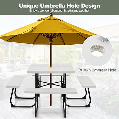 Tangkula 8 Person Picnic Table, Outdoor Square Picnic Table with 4 Built-in Benches, Umbrella Hole, Metal Frame & HDPE Tabletop, Outside Table and Bench Set for Backyard, 2300lbs Weight Capacity - color: White