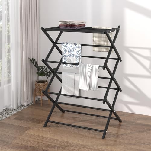 Household Indoor Folding Clothes Drying Rack, Dry Laundry and Hang Clothes,Towel Rack (Black) - color: Black