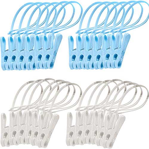 24Pcs Clothes Pins with Plastic Rope, Clothesline Drying Clothing Clips | Clothes Pins for Photo Craft Painting Display, 12pcs Blue 12pcs White - color: Blue,white-24pack