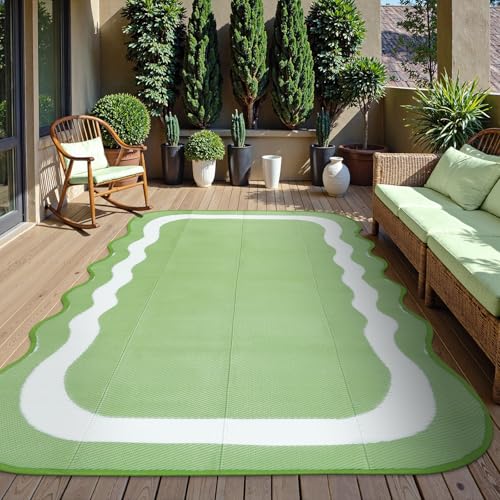 Uphome Outdoor Rug Waterproof 8x10, Large Reversible Green Scalloped Patio Plastic Straw Rugs, Foldable Modern RV Camping Outside Carpet Mat for Pool Back Yard Deck Picnic, 8 x 10 ft - color: Green, size: 8' x 10' (Rectangular)