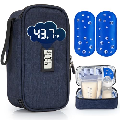 SUNMON Breast Milk Cooler Bag with Real-Time Temperature Display, Portable Travel Breastmilk Storage Case, Includes 2 Reusable Ice Packs, for Pumping Moms on The Go (Navy Blue) - color: Navy Blue