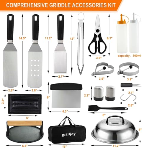 Grilljoy 38pcs Professional Griddle Accessories Kit for Blackstone, with Smash Burger Press, Extra Thick Grill Spatula, Turner, Flipper - Flat Top Grill Tools Kit for Outdoor BBQ Teppanyaki
