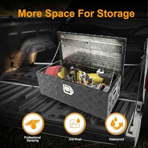 Black 30 Inch Truck Chest Tool box Heavy Duty Aluminum Stripes Plated Pick Up Truck Bed Box Waterproof RV Trailer Toolbox Storage with Side Handle and Lock Keys –30"x13"x10" - color: Black, size: 30"x13"x10"