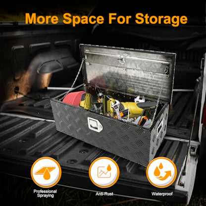 Black 30 Inch Truck Chest Tool box Heavy Duty Aluminum Stripes Plated Pick Up Truck Bed Box Waterproof RV Trailer Toolbox Storage with Side Handle and Lock Keys –30"x13"x10" - color: Black, size: 30"x13"x10"