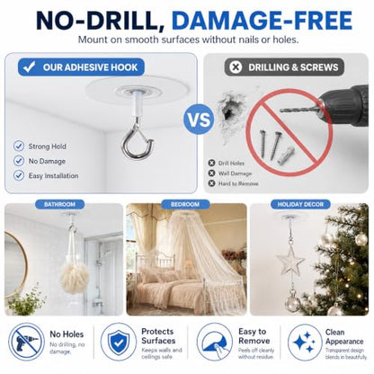 Adhesive Ceiling Hooks with Safety Clasp, Stick-On Wall Hooks for Plants, Wind Chimes, Home Storage and Bathroom Decor
