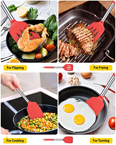 Pack of 2 Silicone Solid Turner, Non Stick Slotted Kitchen Spatulas, High Heat Resistant BPA Free Cooking Utensils, Ideal Cookware for Fish, Eggs, Pancakes(Red) - color: Red