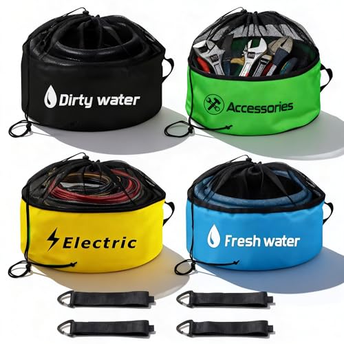4 Pack RV Hose Storage Bags, Waterproof Utility Bags for Sewer & Fresh Water Hoses, Electrical Cords, Camper Tools Accessories, RV Essentials, Storage and Organization– 4 Colors with Straps