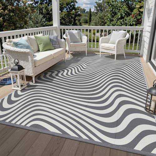 Vaukki Outdoor Patio Rug 6x9, Waterproof Woven Plastic Straw Camping Area Mat, Grey RV Striped Outside Reversible Carpet Clearance for Porch Backyard Deck Balcony - color: Wave-grey, size: 6' x 9' (Rectangular)