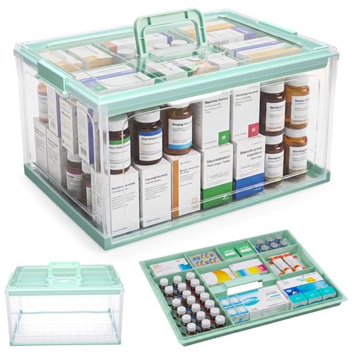 Hushee 24qt Clear Medicine Organizer Storage Box Plastic First Aid Box Empty with Removable Tray and Handle Portable Collapsible Medical Supply Container for Home, Travel, Emergency Use - color: Green