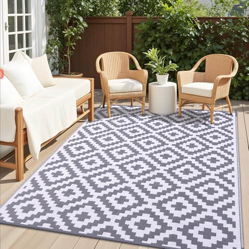 OLANLY Waterproof Outdoor Rug 6x9 ft, Outdoor Plastic Straw Rug for Camping, RV Mat Outside, Outdoor Carpet for Porch, Deck, Backyard, Balcony, Picnic, Grey & White - color: Grey & White, size: 6' X 9' (Rectangular)
