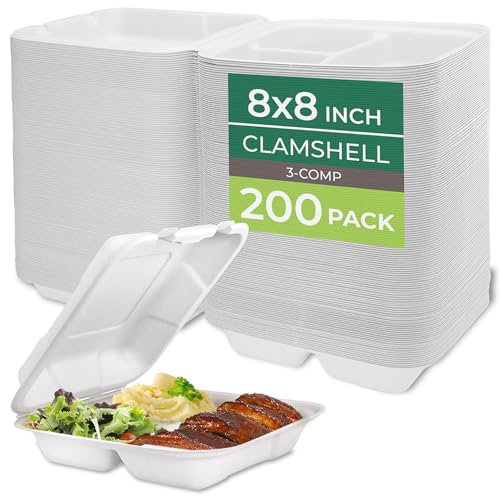 Freshware Clamshell Food Containers with Lids [8x8"] 3-Compartment 200-Pack, Disposable To Go Containers, Biodegradable Sugarcane To Go Boxes - Paper Containers - Microwave & Freezer Safe, Stackable - size: 8 x 8 Inch, 200 Pack
