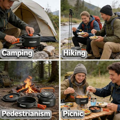 HOMGEN Portable Ultralight Anodized Aluminum Camping Cookware Set - Nesting Camping Pot and Pan-800ml Insulated Teapot-Carrying Bag-for Camping Hiking Picnic RV Trip - size: For 2 People