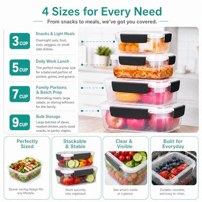YORY 7cup Plastic Food Storage Containers With Lids For Leftover,5pk | BPA free,Stackable and Nestable,Snaplock Lid ,Freezer Dishwasher Microwave Safe - size: 7 cups