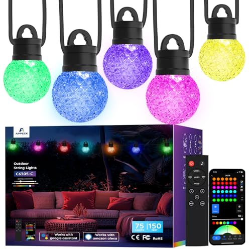 APPECK Outdoor String Lights 150ft, RGBW Color Changing Patio Lights with 75 Dimmable LED Bulbs, 111 Scene Modes, IP65 Waterproof Lighting for Outside, Party, Backyard, Pool, Compatible with Alexa - size: 150FT