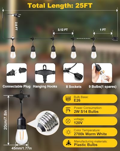 BRIMAX 2W Outdoor String Lights 25FT,Patio Lights Commercial Grade with 8+1 S14 LED Bulbs Shatterproof Waterproof,2700K Warm White E26 Dimmable for Balcony Gazebo Porch Fence Garden Camping - style: 25FT 8 lights