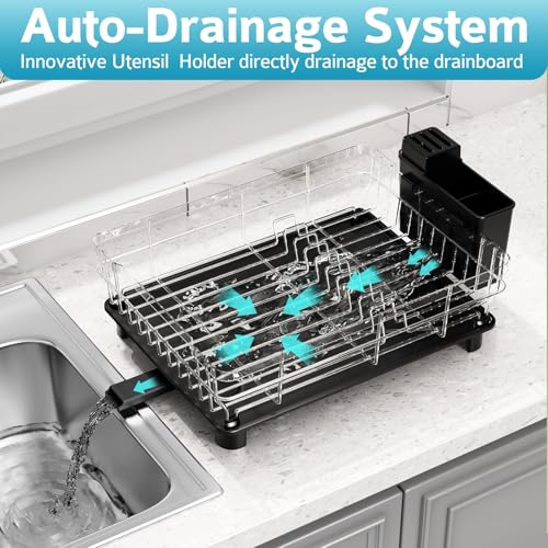 Dish Drying Rack - Space Saving Dish Rack - Dish Racks for Kitchen Counter with Drainboard,Rustproof Dish Drainer with Removable Utensil Holder,Black - color: 1 Tier-black