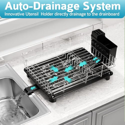 Dish Drying Rack - Space Saving Dish Rack - Dish Racks for Kitchen Counter with Drainboard,Rustproof Dish Drainer with Removable Utensil Holder,Black - color: 1 Tier-black