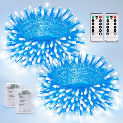 JMEXSUSS 2 Pack Blue and White Battery String Lights, Each 33ft 100 LED Battery Powered Christmas Lights with Remote for Outside Party Birthday - color: Blue&White, size: 2*100LED