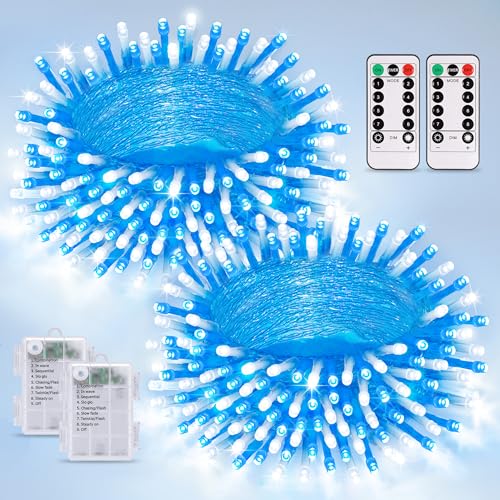 JMEXSUSS 2 Pack Blue and White Battery String Lights, Each 33ft 100 LED Battery Powered Christmas Lights with Remote for Outside Party Birthday - color: Blue&White, size: 2*100LED