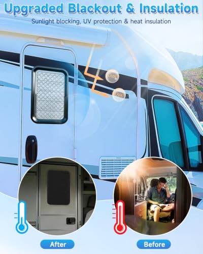 RV Door Window Shade Cover 25'' x 16'', Foldable Camper Sunshade with Magnets & Reflective Layer - Thermal Blackout, UV & Privacy Protection, No-Drill Hook & Loop Tape Install for Most Travel Trailers