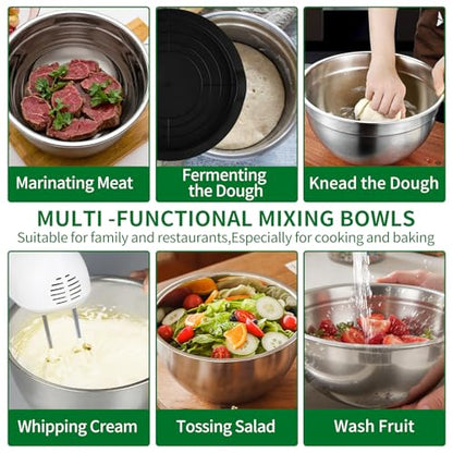 WEPSEN Mixing Bowls Set, 25PCS Stainless Steel Mixing Bowl with Lid Set, Large Nesting Bowls 7, 4.5, 3,2, 1.5QT, Measuring Cups and Spoons Baking Utensils Metal Bowl for Kitchen Prep - color: Black Bowls Set