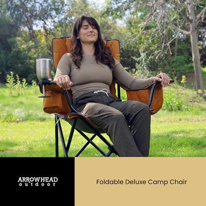 ARROWHEAD OUTDOOR Portable Deluxe Folding Camp Quad Chair w/Headrest, Glass & Cup Holders, Armest 6-can Cooler, Heavy Duty Carry Bag, 550 lbs Weight Capacity - color: Tan